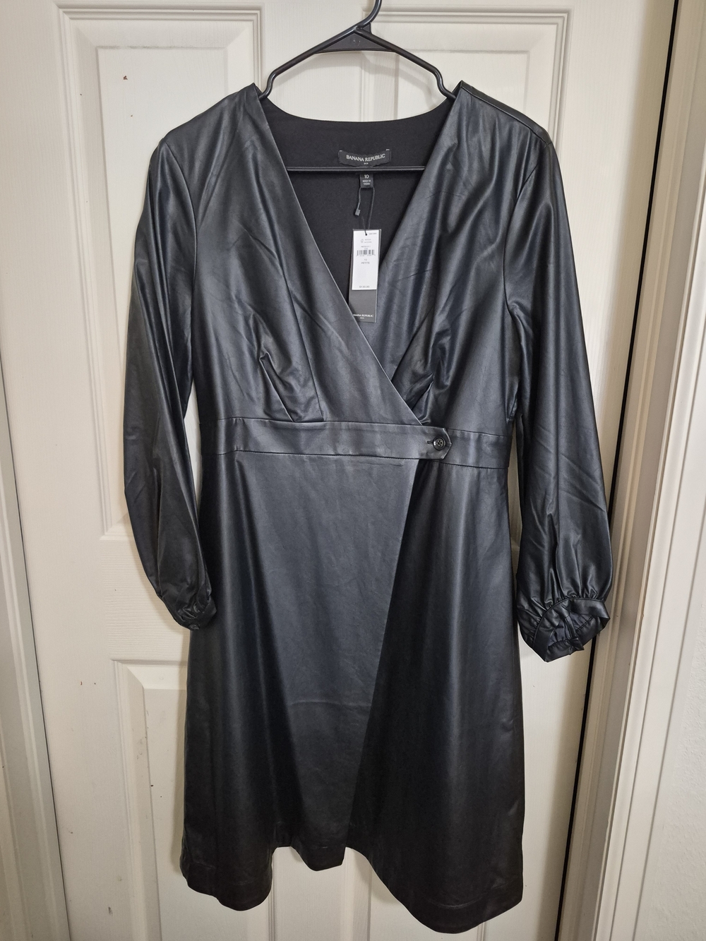 Banana Republic Size 10P Donna Ricco Black Faux Leather Wrap Dress